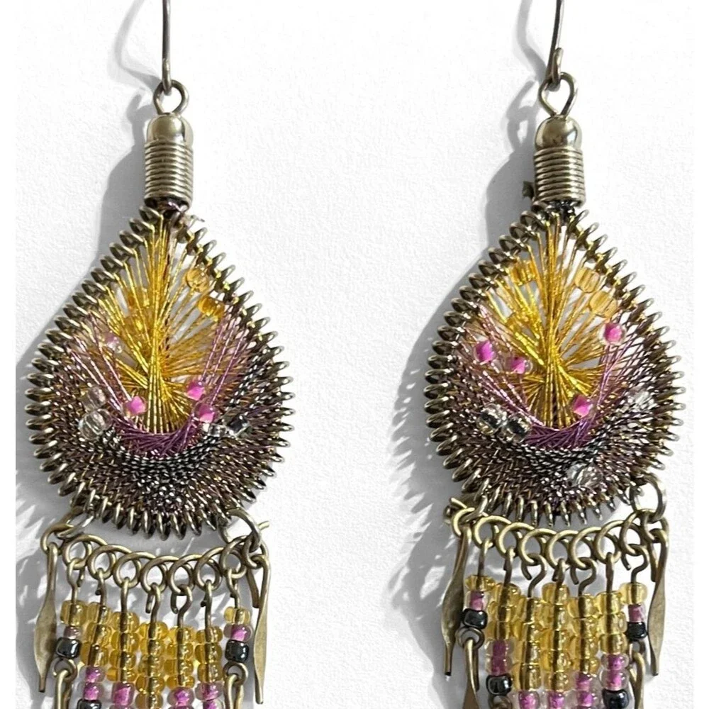 VTG Dreamcatcher Earrings Woven Teardrop Silver Tone Dangle Chandelier 3.5